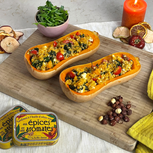 Gefüllter Butternusskürbis mit Bulgur und Sardinen aux Aromates