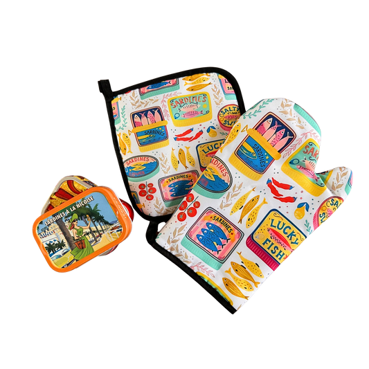 Sardinen-Ofenhandschuh & Topflappen – Bunte Dosen (2er-Set)