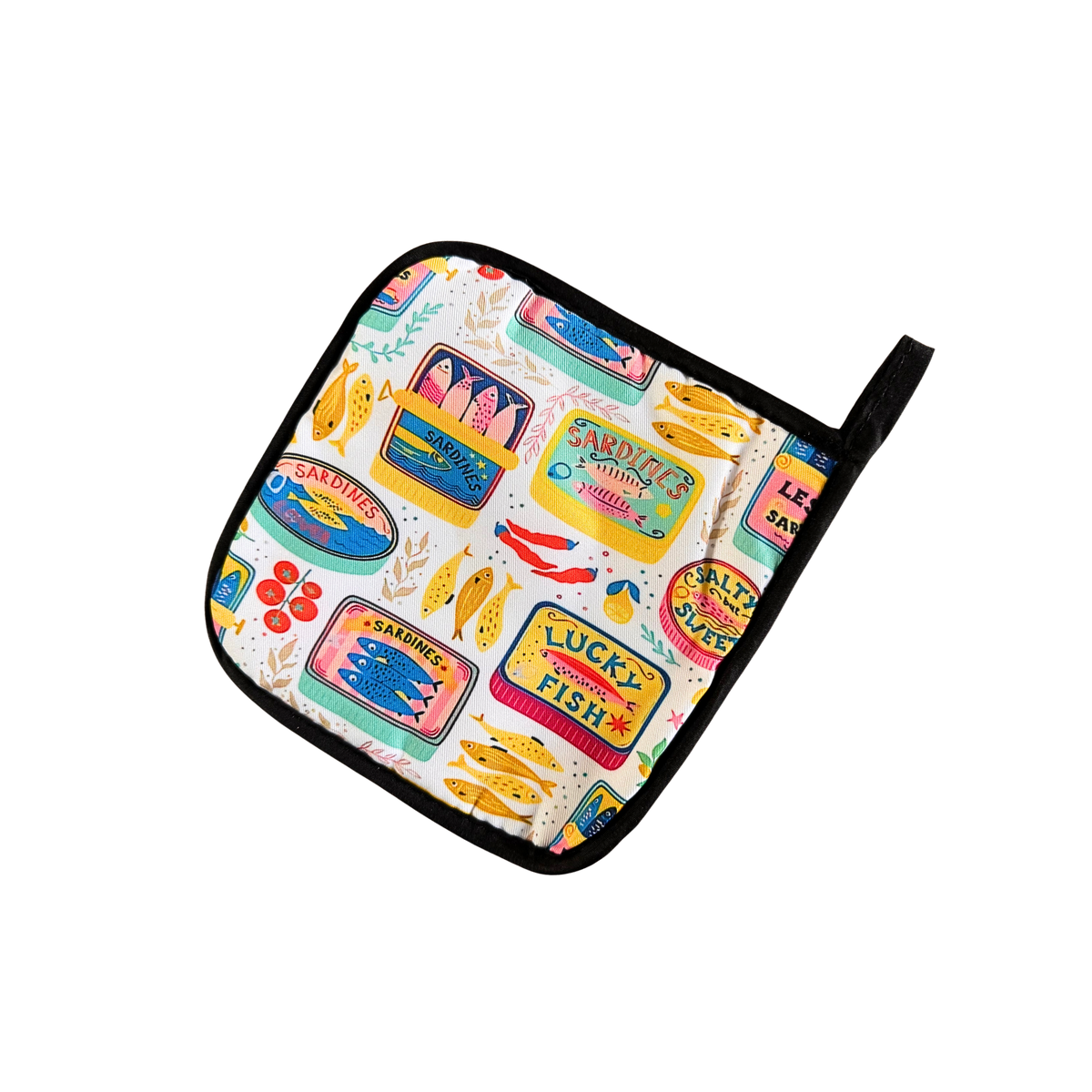 Sardinen-Ofenhandschuh & Topflappen – Bunte Dosen (2er-Set)