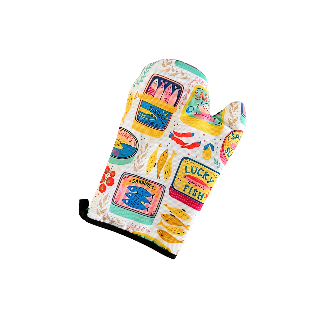 Sardinen-Ofenhandschuh & Topflappen – Bunte Dosen (2er-Set)